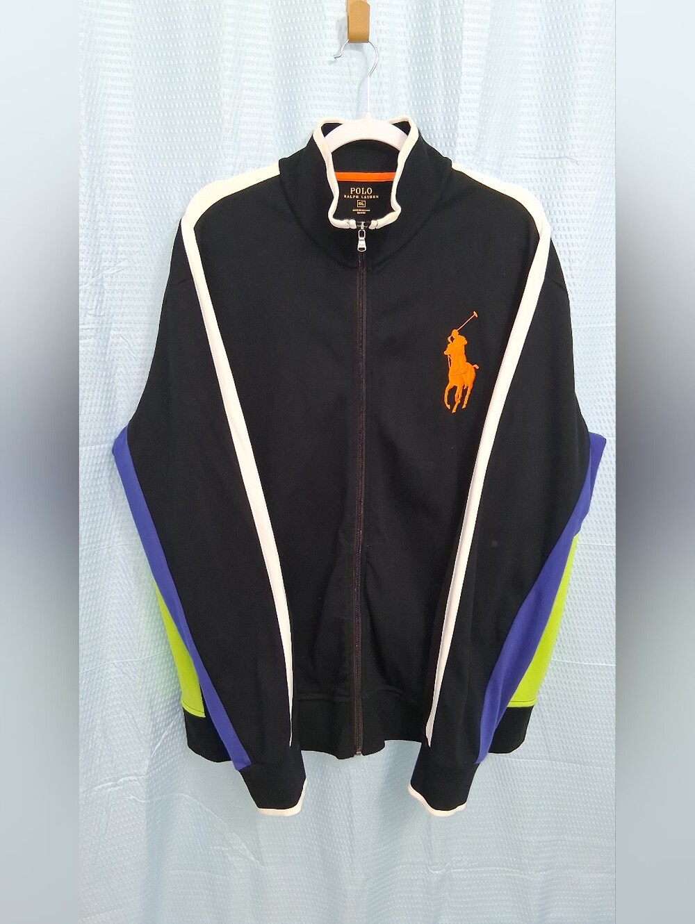 Polo by Ralph Lauren Black Track Jacket with Orange Logo and Blue/Green Accents